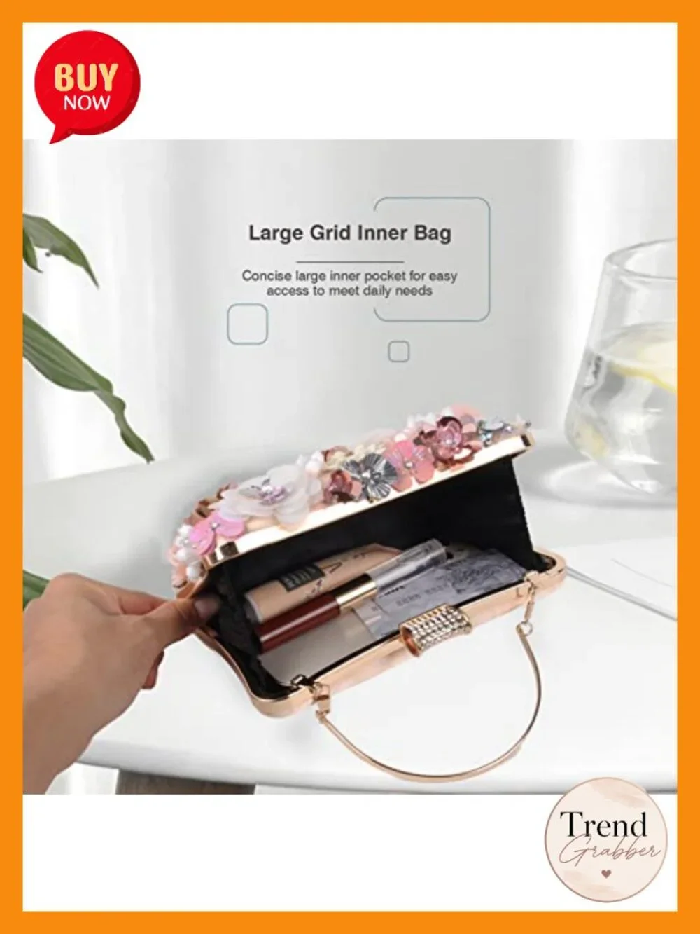 Flower Embellished Evening Clutch with Detachable Chain Strap